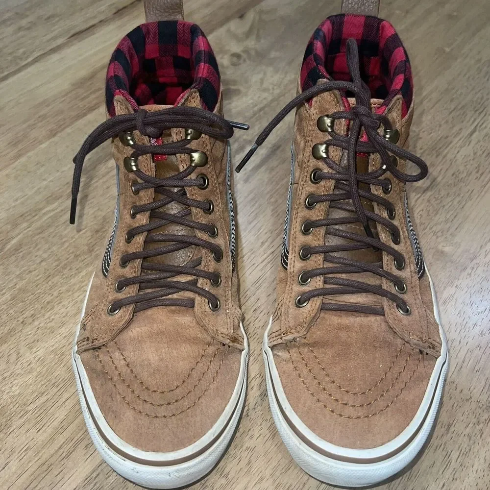 Vans Tan Suede High-Top Sneakers with Red Plaid Lining